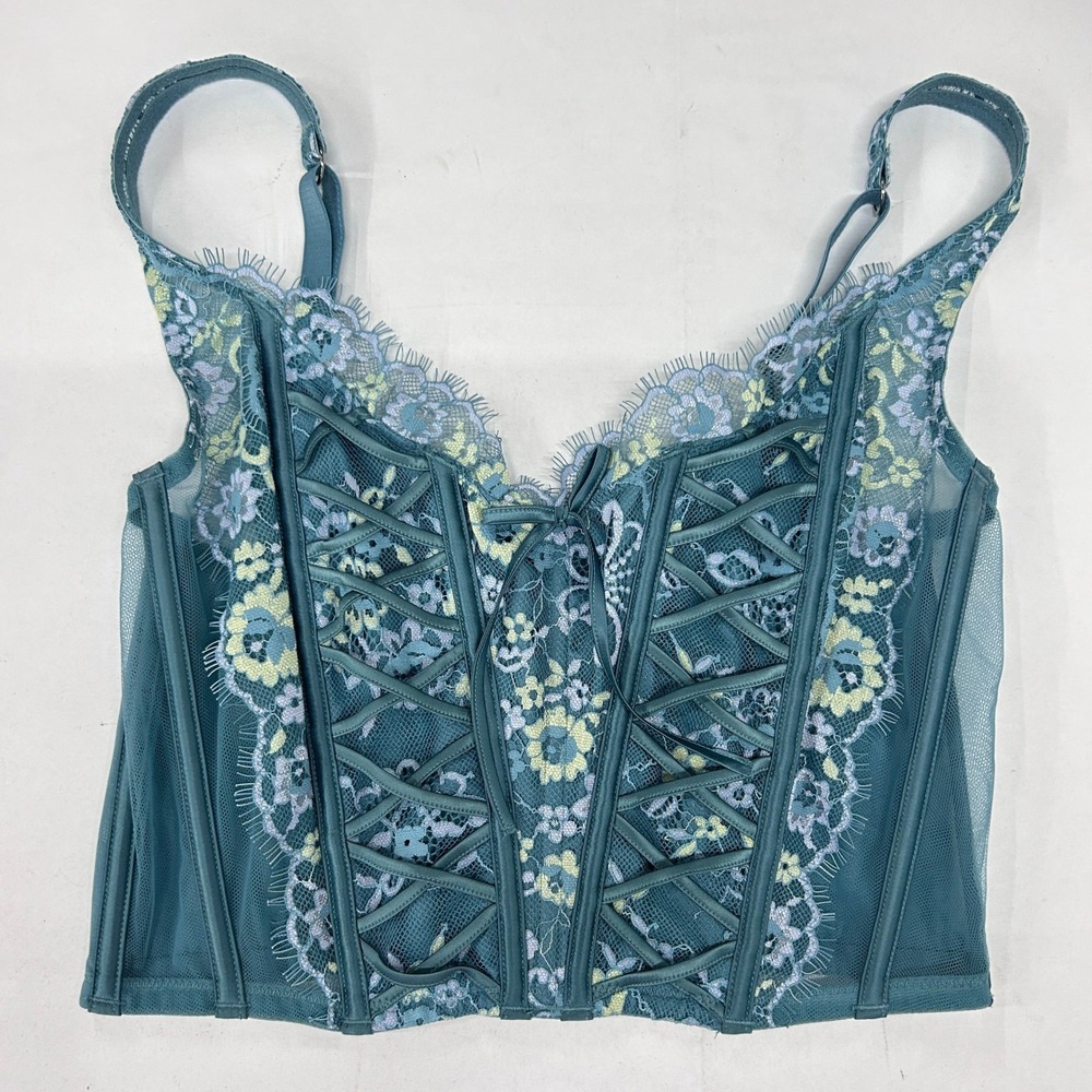 Coquette‎ Lace Corset Bustier Small Teal Floral Garter Romantic Fairy Festival
